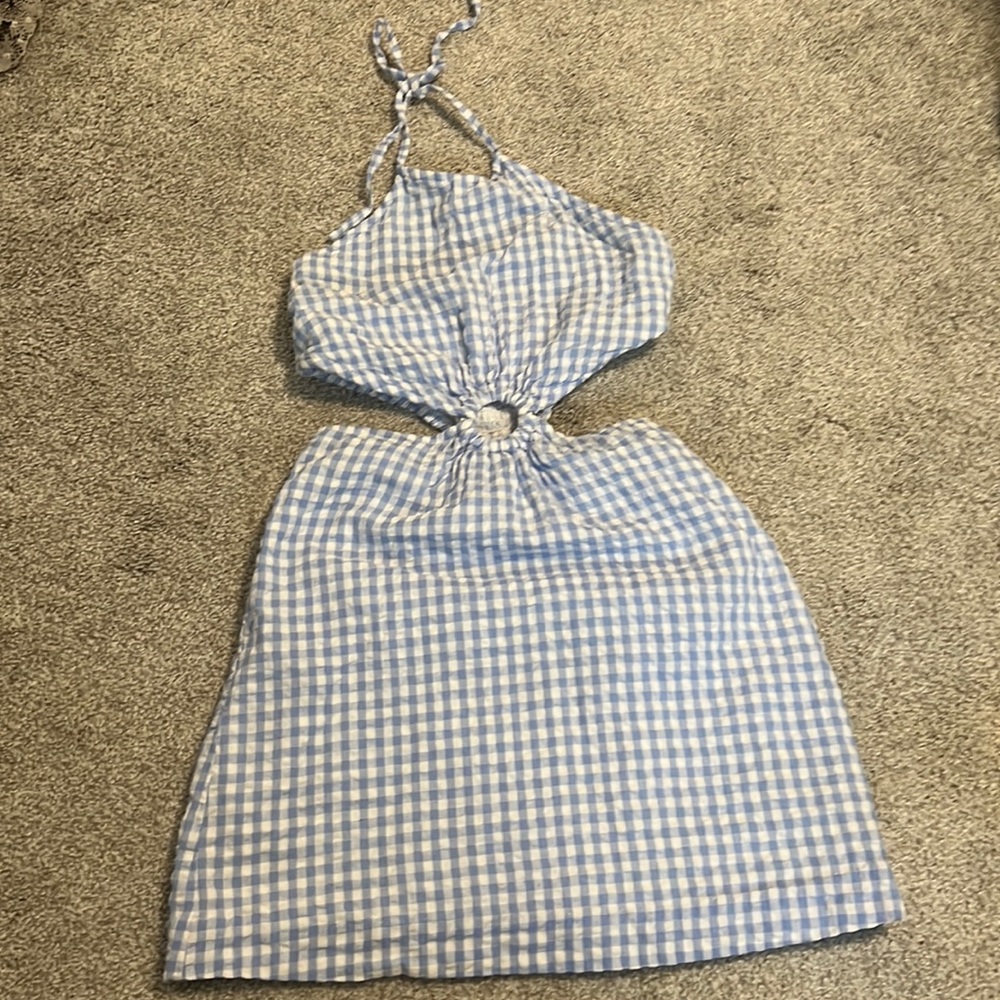 Sim & Sam blue checkered halter mini dress, side cutouts, halter back, size S